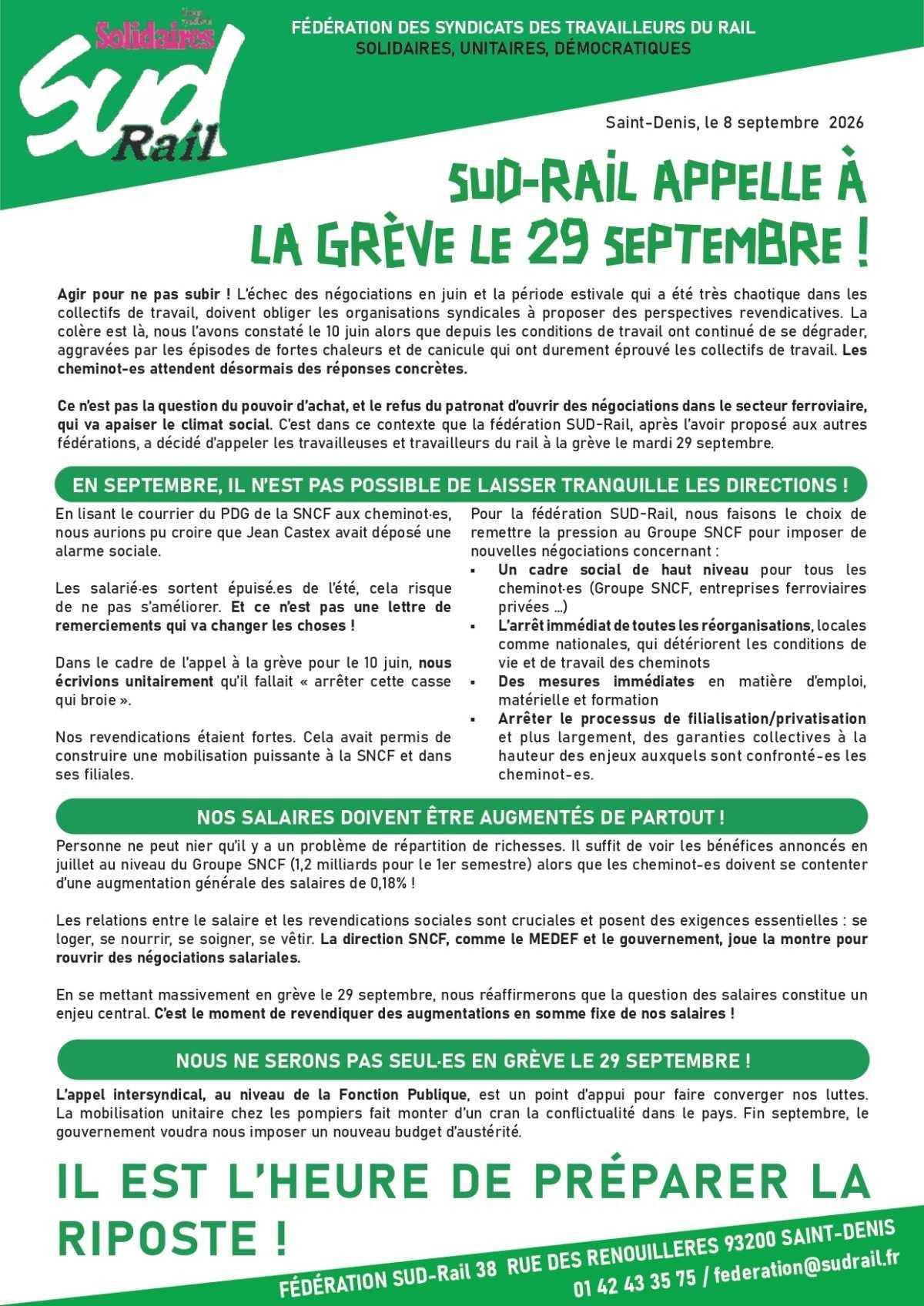 SUD-RAIL APPELLE À LA GRÈVE LE 29 SEPTEMBRE ! SUD-RAIL APPELLE À LA GRÈVE LE 29 SEPTEMBRE !