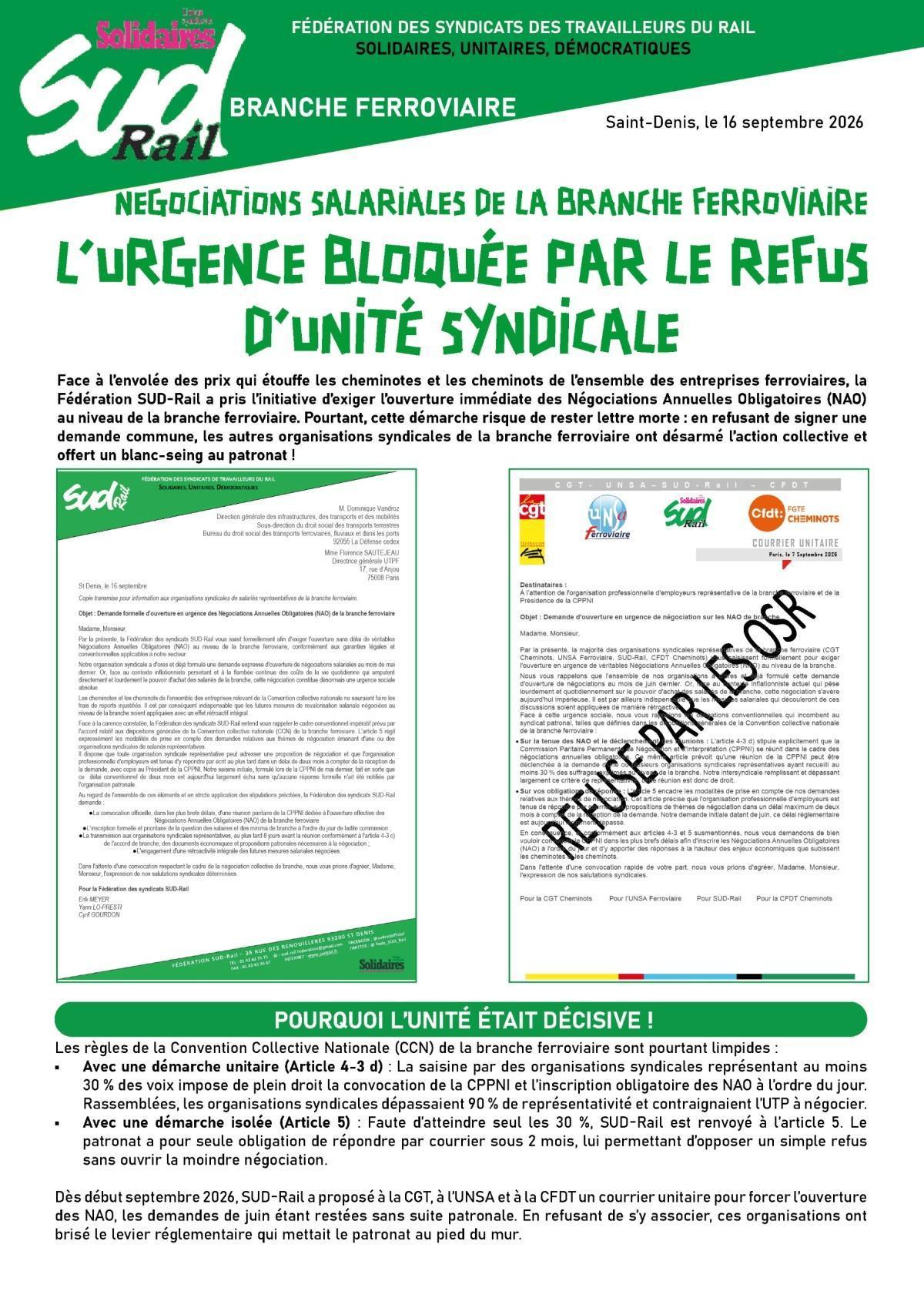 NEGOCIATIONS SALARIALES DE LA BRANCHE FERROVIAIRE L’URGENCE BLOQUÉE PAR LE REFUS D’UNITÉ SYNDICALE NEGOCIATIONS SALARIALES DE LA BRANCHE FERROVIAIRE L’URGENCE BLOQUÉE PAR LE REFUS D’UNITÉ SYNDICALE