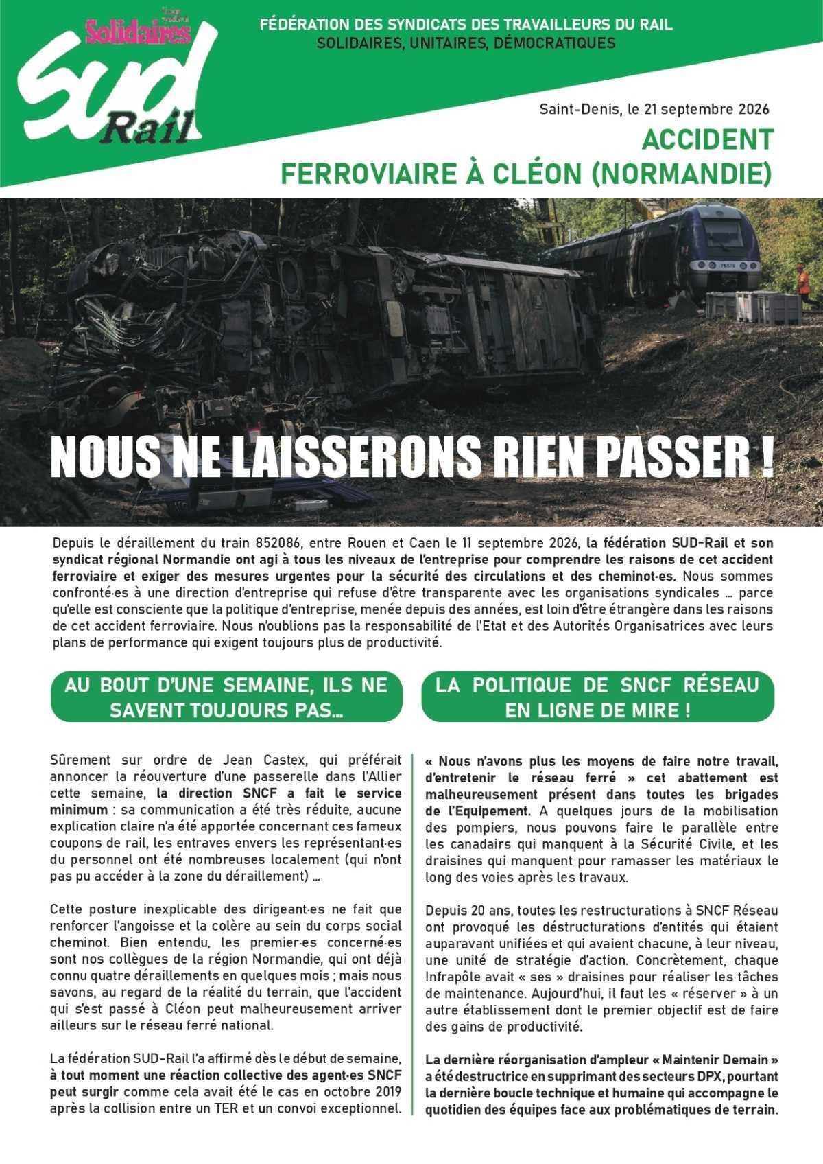 ACCIDENT FERROVIAIRE À CLÉON (NORMANDIE)NOUS NE LAISSERONS RIEN PASSER ! ACCIDENT FERROVIAIRE À CLÉON (NORMANDIE)NOUS NE LAISSERONS RIEN PASSER !