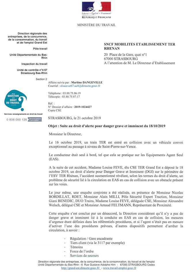 Courrier Inspection Du Travail Suite Au Droit De Retrait Lettre Inspection Du Travail