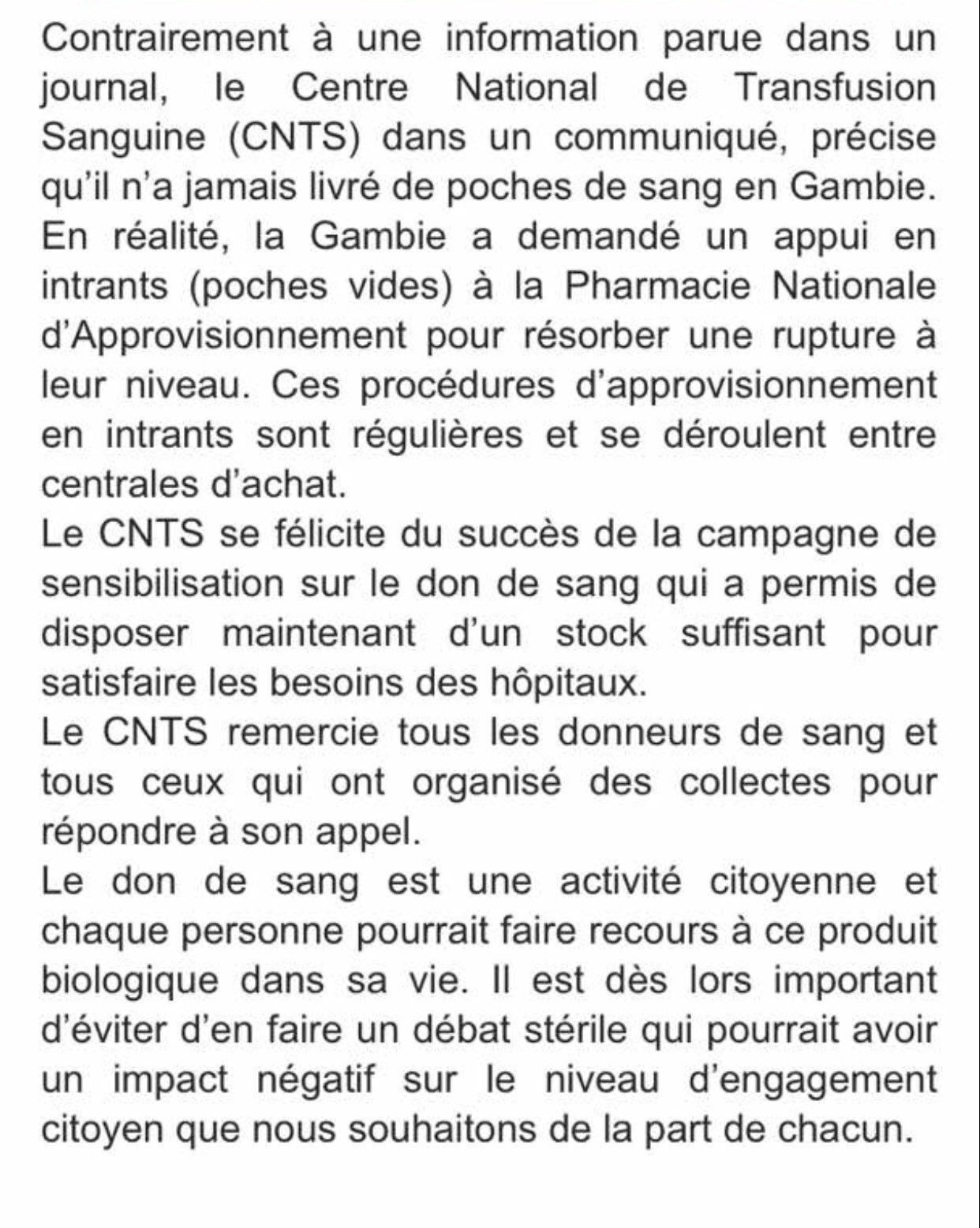 Les précisions du Cnts : "la Gambie a commandé des poches de sang en..."