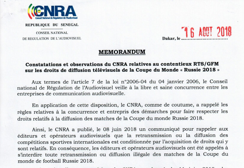 Différend sur les droits de diffusion : la Rts triomphe sur "tapis vert" devant le Cnra