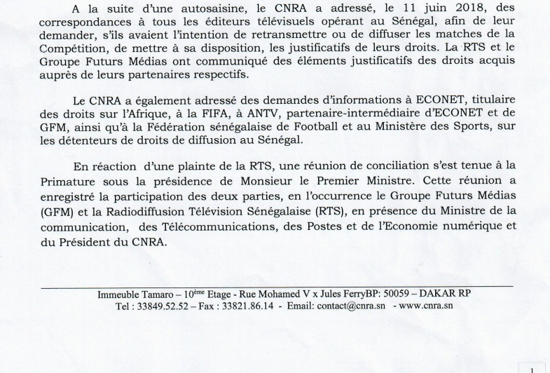 Différend sur les droits de diffusion : la Rts triomphe sur "tapis vert" devant le Cnra