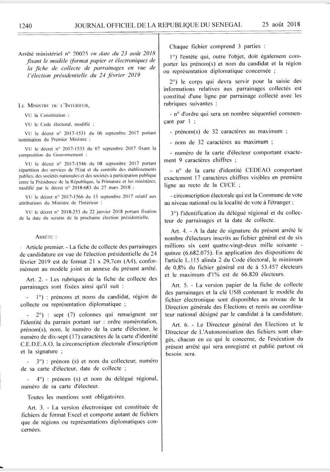 Tout ce que vous devez savoir sur la fiche de collecte de Parrainages publié au Journal Officiel 