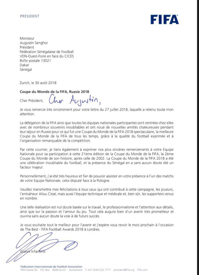 Participation à la Coupe du monde : La Fifa félicite le Sénégal dans une lettre 