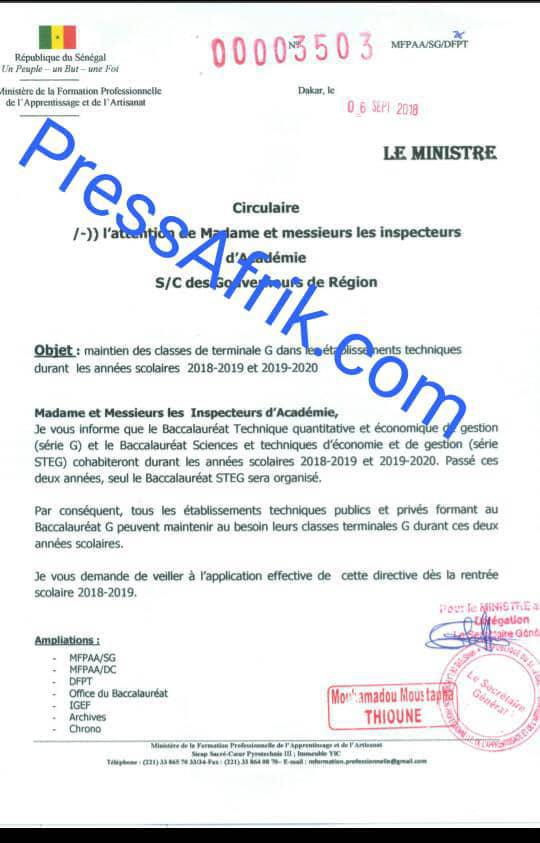 Le Document du ministère de la Formation professionnelle de l’Apprentissage et de l’Artisanat confirmant la tenue d'un Bac STEG en 2018