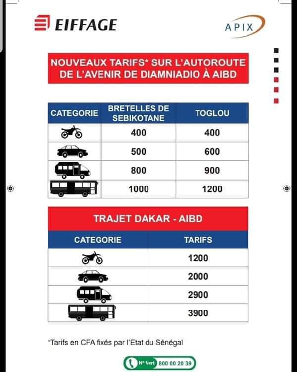 Autoroute à Péage : Eiffage publie les nouveaux tarifs fixés par l’Etat du Sénégal