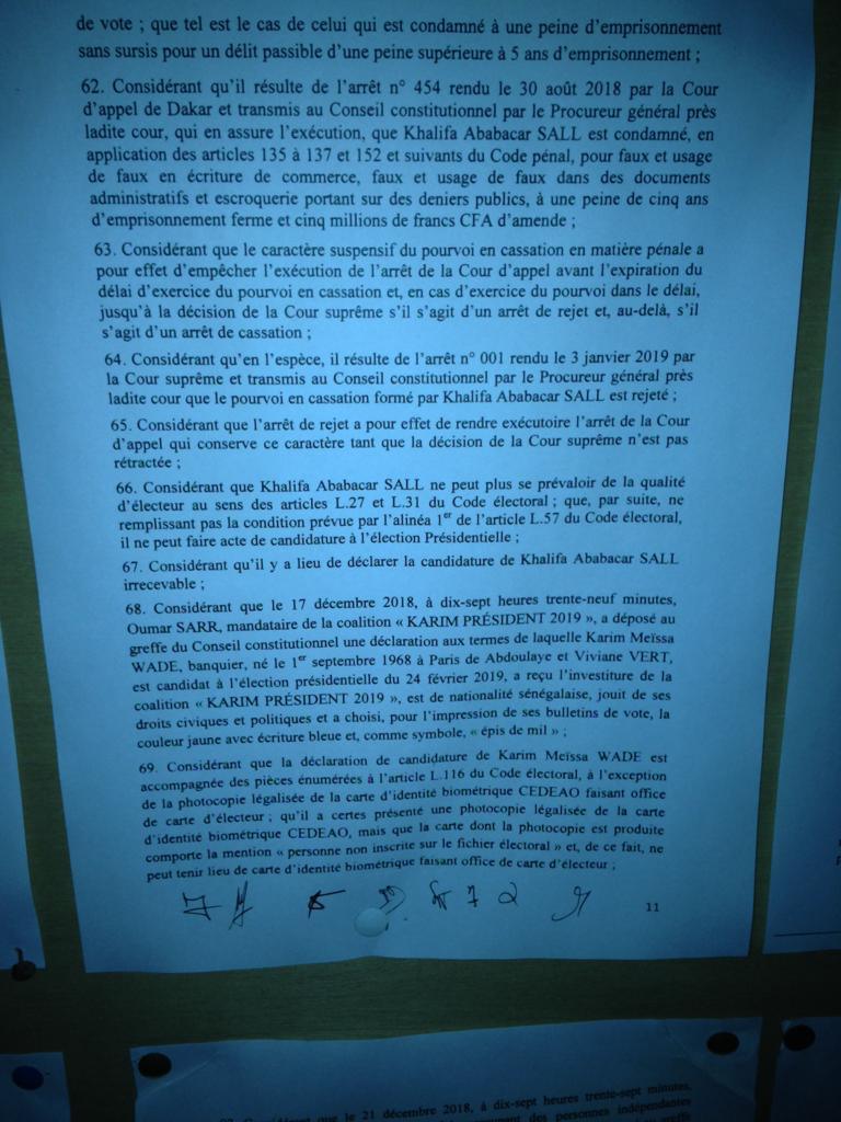 Documents: Découvrez les raisons de l’invalidation des candidatures de Karim Wade et Khalifa Sall