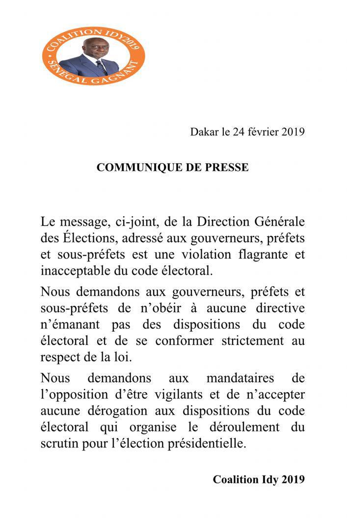 La coalition IDY 2019 dénonce une violation flagrante du Code électoral par la DGE et met en garde les préfets et...
