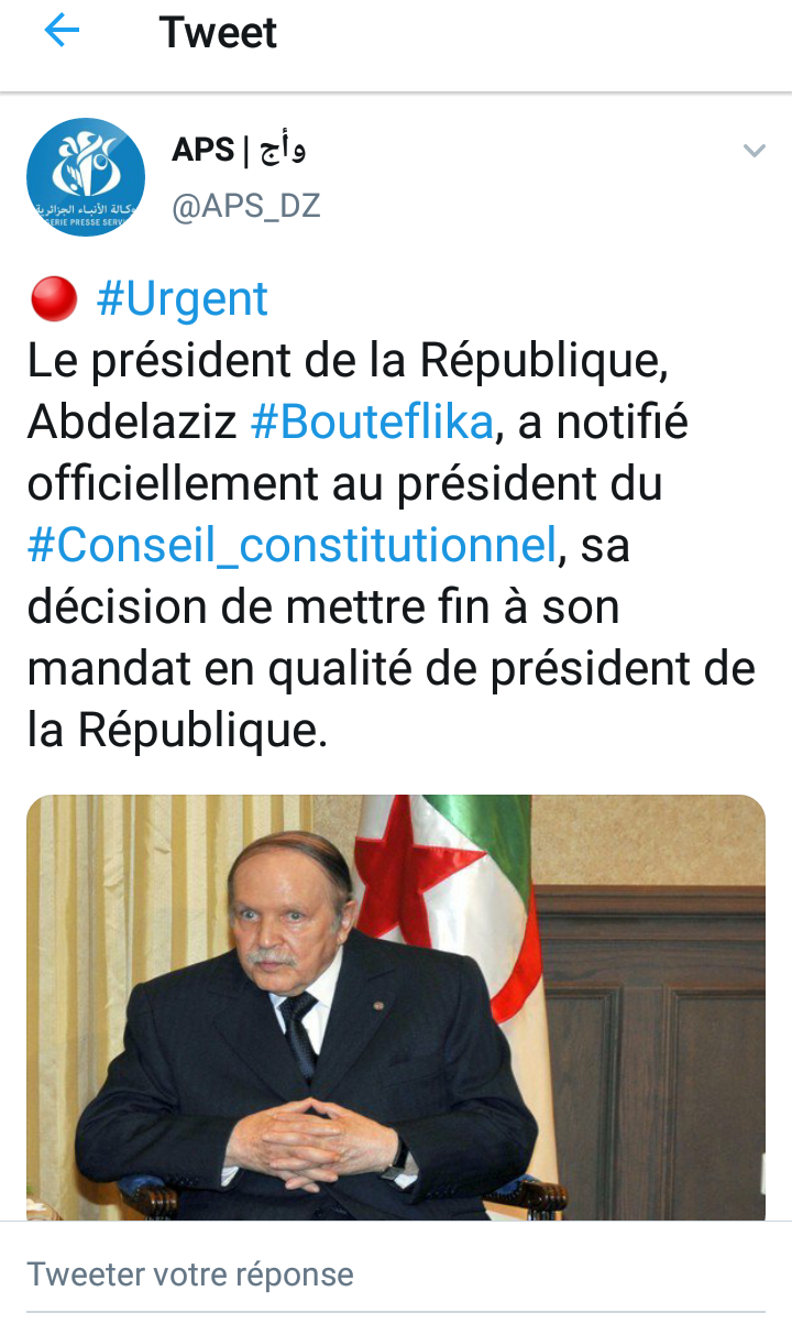 Urgent - le président Abdelaziz Bouteflika a remis sa démission au Conseil constitutionnel (agence officielle)