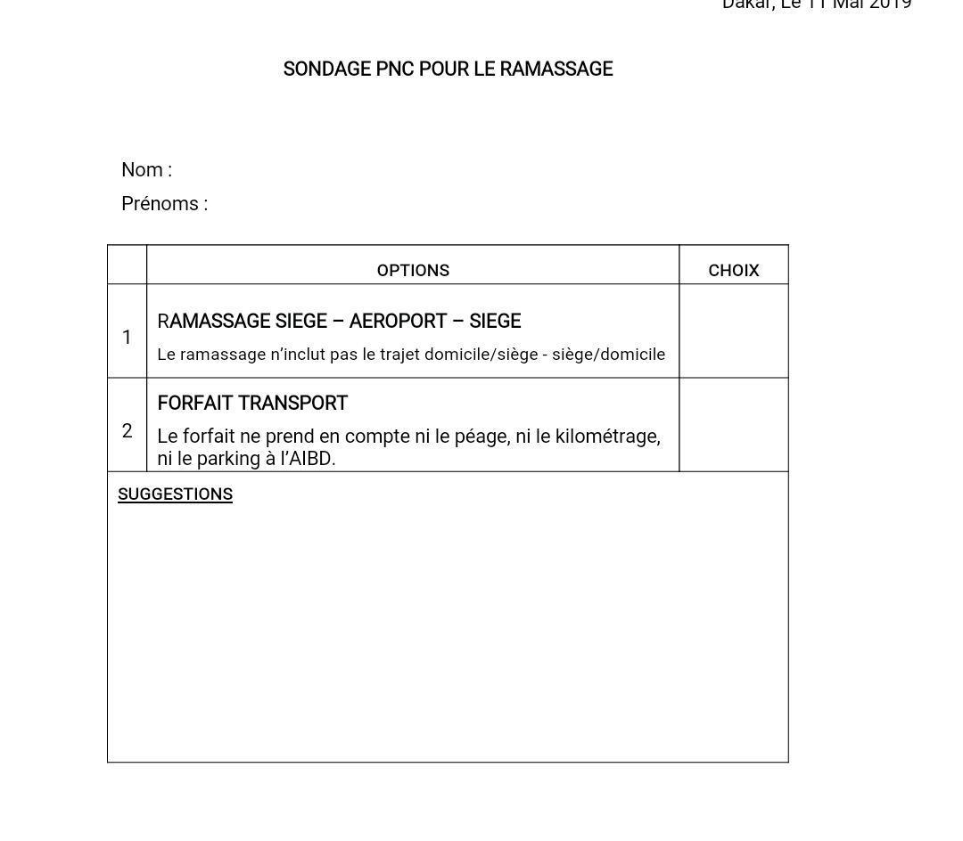 La note publiée par la Direction de Air Sénégal à l'endroit des PNC. Désormais, ils ont le choix entre un ramassage du personnel qui n'inclut pas le trajet domicile/siège-siège/domicile ou un forfait qui ne prend pas en compte ni le péage ni le kilométrage ni le parking Aibd