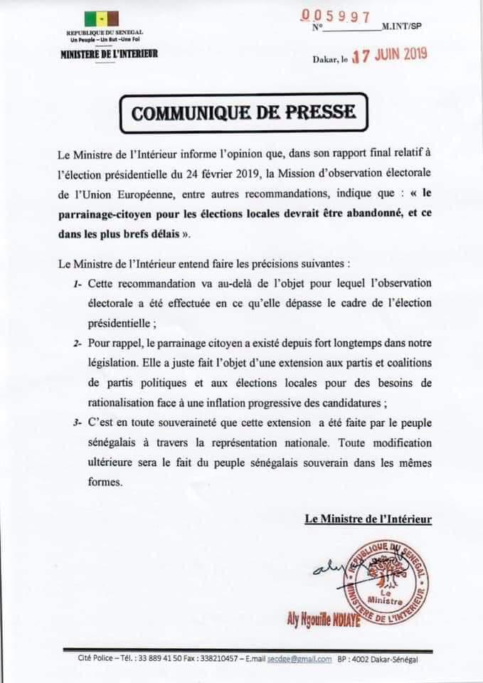 Recommandation de l’UE sur le parrainage: Aly Ngouille Ndiaye réplique et s’agrippe à la souveraineté du peuple