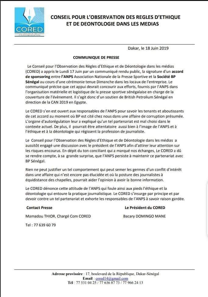 Partenariat avec BP pour la CAN: le CORED fustige l’attitude de l’ANPS