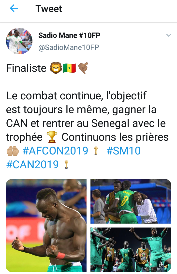 #CAN2019 : Sadio Mané déterminé à rentrer avec le trophée au Sénégal