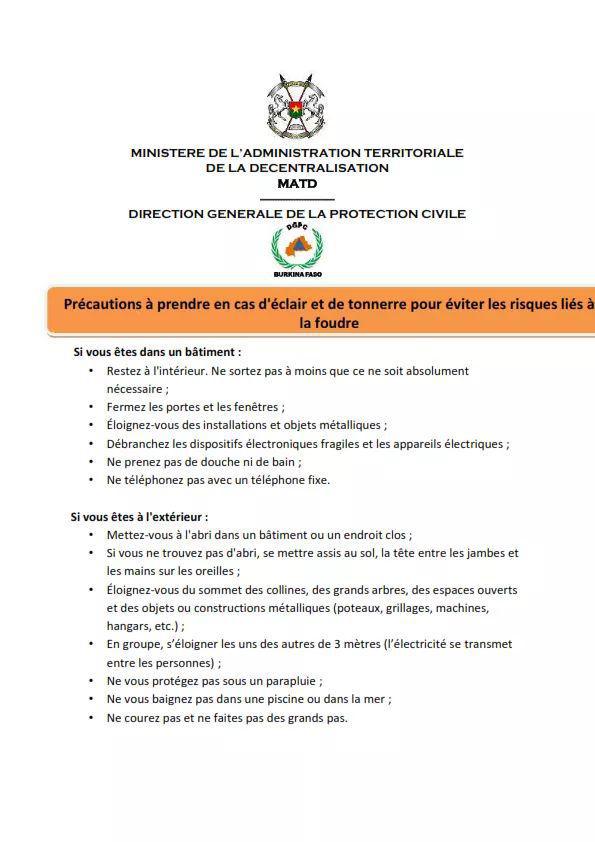 Les dispositifs à prendre en cas de pluie pour échapper à la foudre (Direction de la Protection civile Burkina)