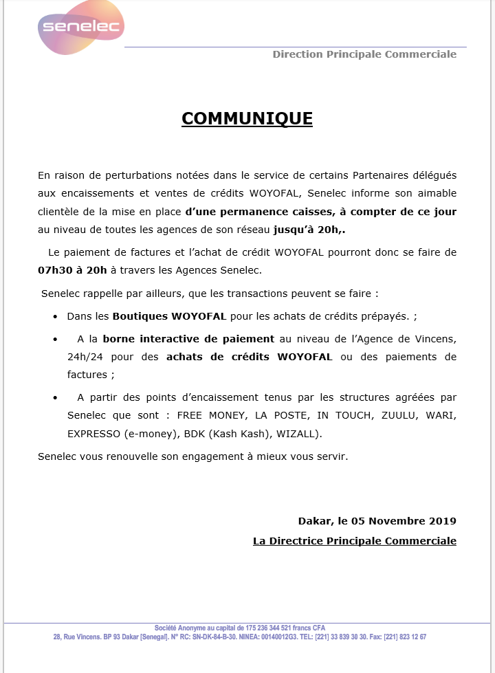 La Senelec informe sa clientèle de la mise en place d’une permanence caisses (Communiqué)