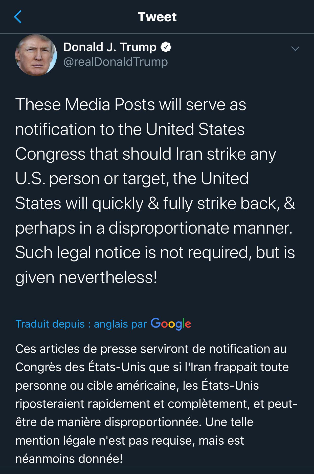 Trump choisit Twitter pour s’adresser au Congrès: « si l’Iran attaque une cible américaine, les Etats-Unis répliqueront de manière disproportionnée »
