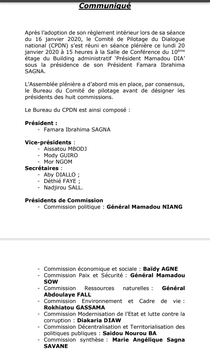 Dialogue national: les présidents des huit commissions désignés, à l'issue d'une assemblée