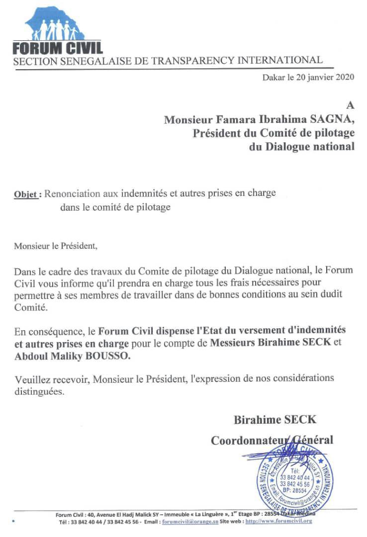 La note du Forum Civil officialisant sa renonciation aux indemnités et prises en charge de ses membres par l’Etat