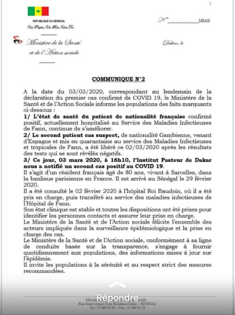 Le ministère de la Santé confirme un deuxième cas positif de Coronavirus à Dakar