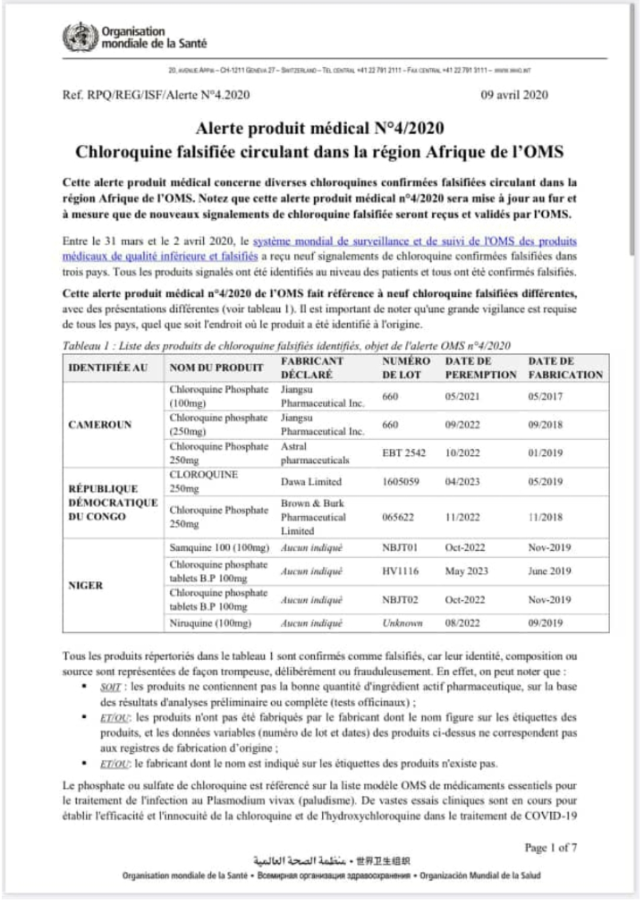 Coronavirus: de la Chroloquine falsifiée circule en Afrique