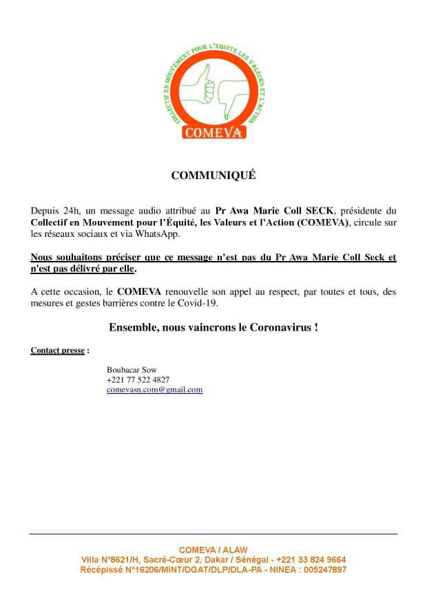 Audio diffusé via WhatsApp et les Réseaux sociaux: "ce message n’est pas du Pr Awa Marie Coll Seck" (Document)