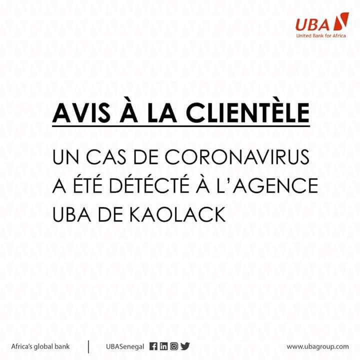 Kaolack: un employé de UBA Sénégal testé positif au Coronavirus