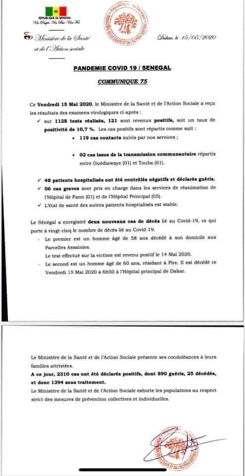 Covid-19: le Sénégal enregistre deux (2) nouveaux décès