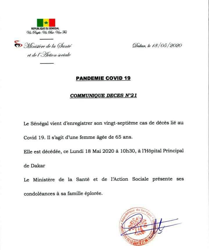 Sénégal : un 27e décès lié au covid-19, une femme âgée de 65 ans