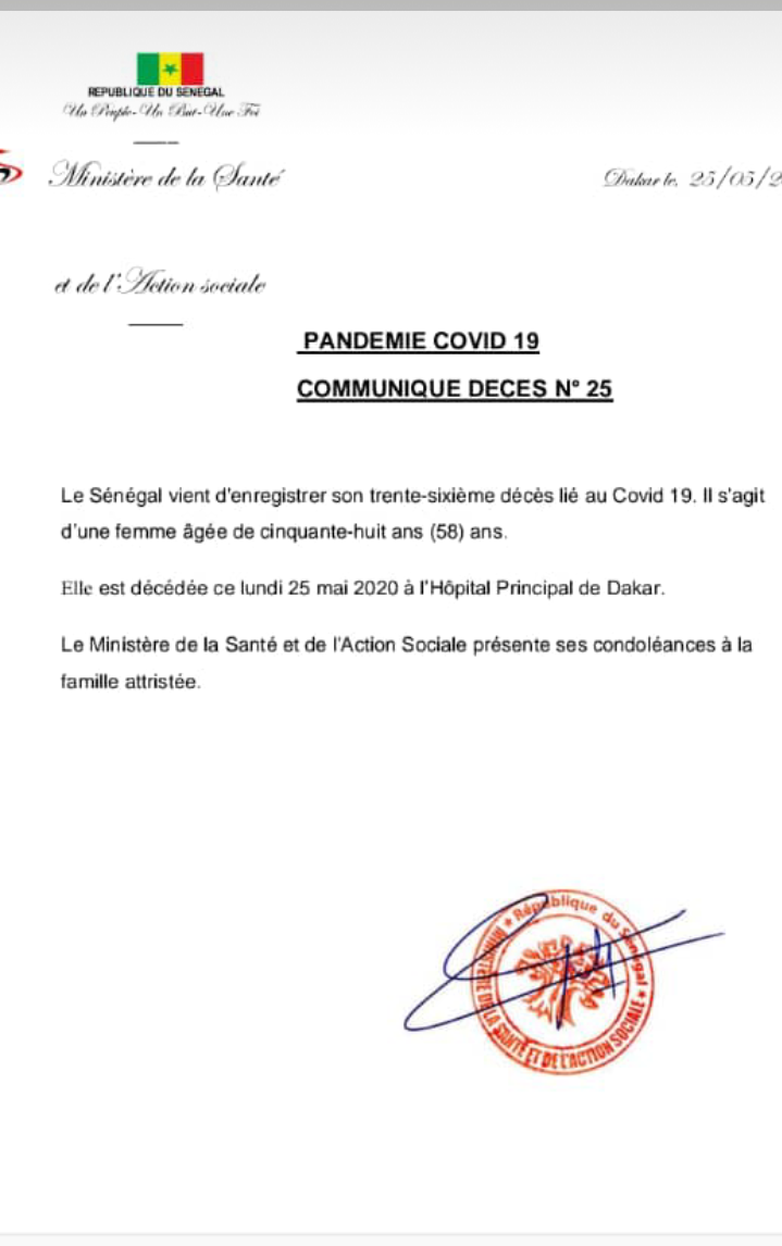 Sénégal : un 36e décès lié au covid-19, il s'agit d'une femme âgée de 58 ans