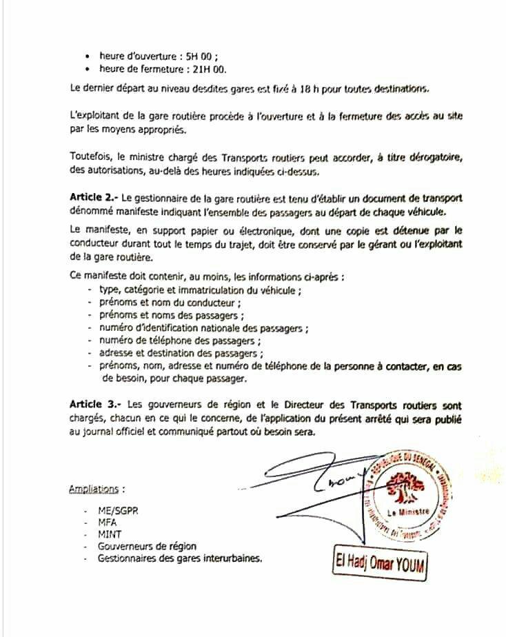 Transport interurbain: les heures d’ouverture et de fermeture des gares fixées par Oumar Youm