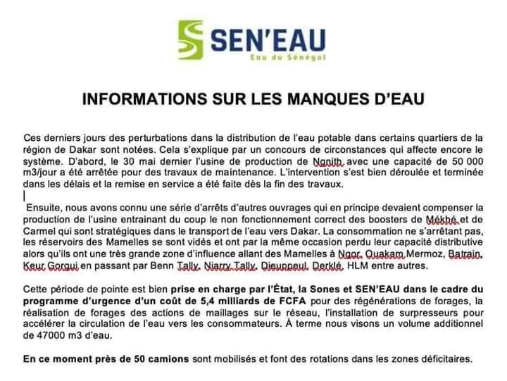 Perturbation dans la distribution de l'eau : Sen'eau s'explique