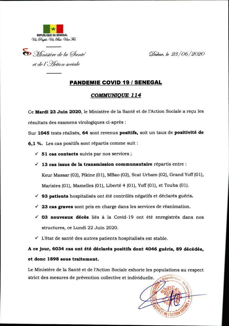 Covid19: trois nouveaux décès déclarés mardi, soit un total de 89 au 23 juin