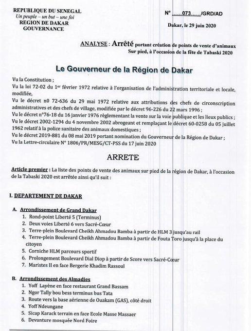 Tabaski 2020: le Gouverneur de Dakar définit les points de vente de moutons dans la capitale (Document)