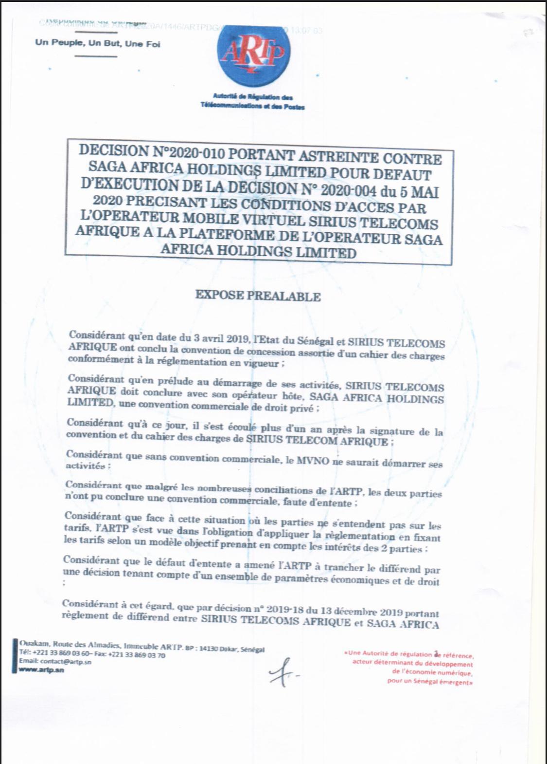 L'ARTP inflige à l'opérateur Saga africa Holding Limited une astreinte de 2% sur son chiffre d'affaires journalier (Document)