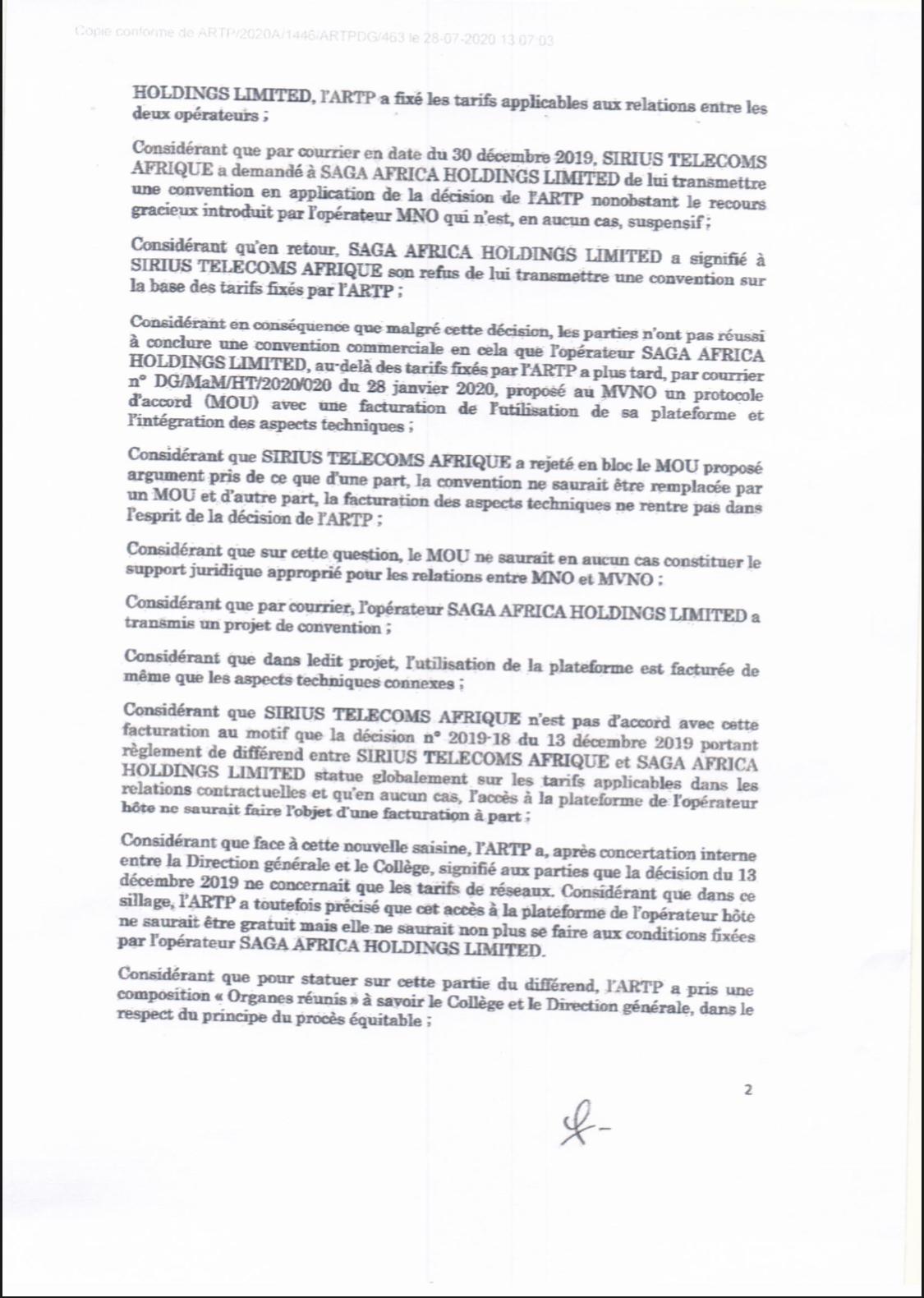 L'ARTP inflige à l'opérateur Saga africa Holding Limited une astreinte de 2% sur son chiffre d'affaires journalier (Document)