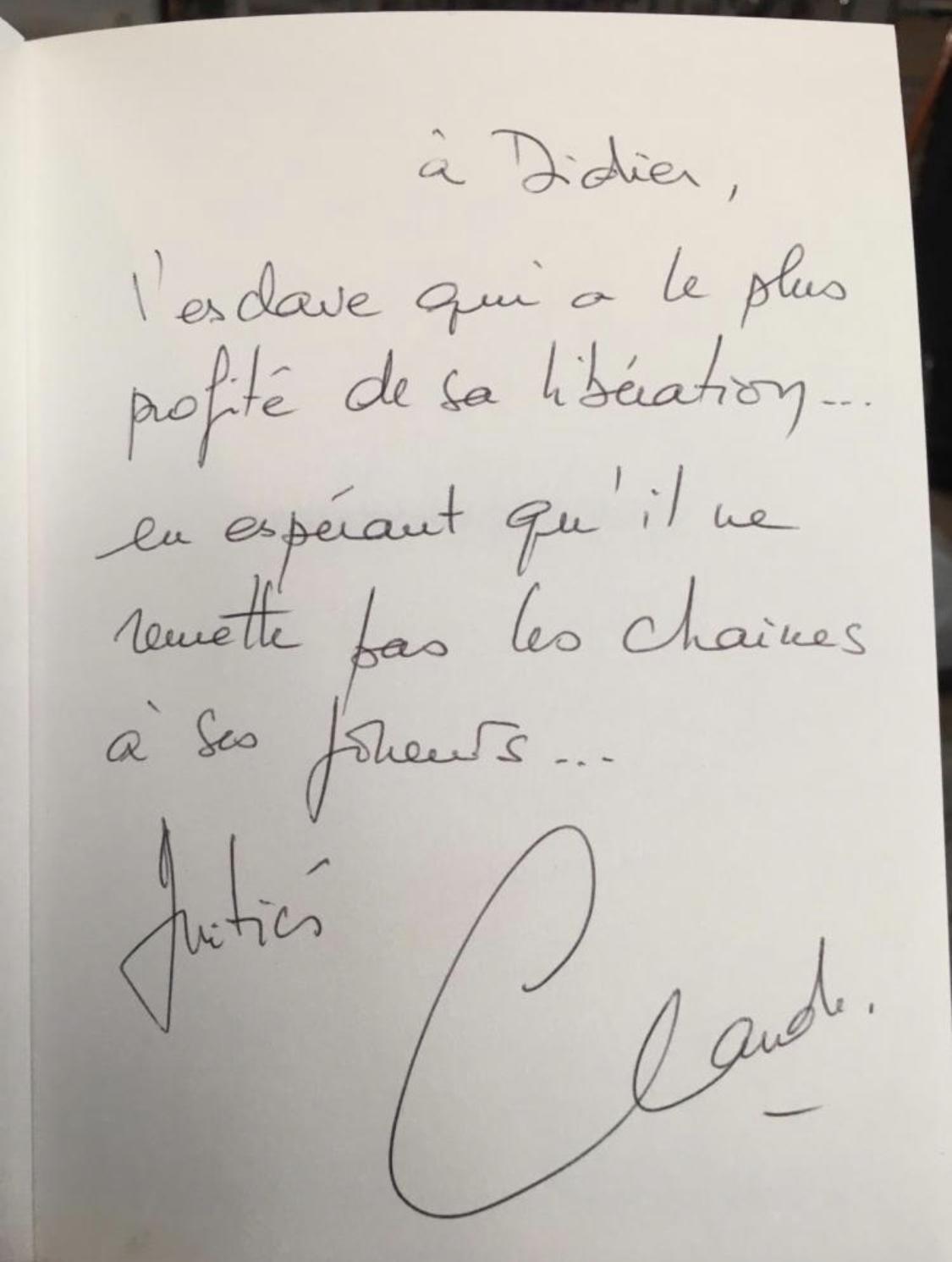 La dédicace dans laquelle Claude Onesta comparaît Didier Dinart à un « esclave »