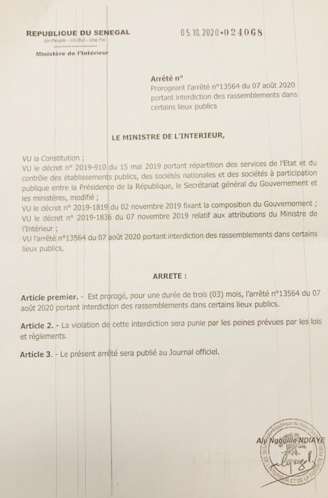 Interdiction des rassemblements dans les lieux publics, Port de masque : Aly Ngouille Ndiaye proroge l'arrêté pour 3 mois