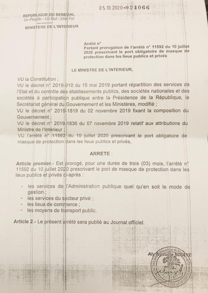 Interdiction des rassemblements dans les lieux publics, Port de masque : Aly Ngouille Ndiaye proroge l'arrêté pour 3 mois