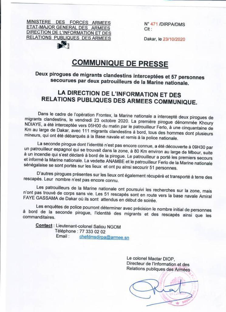 Au moins 164 migrants interceptés vendredi entre Mbour et Dakar dans deux pirogues dont l'une en feu