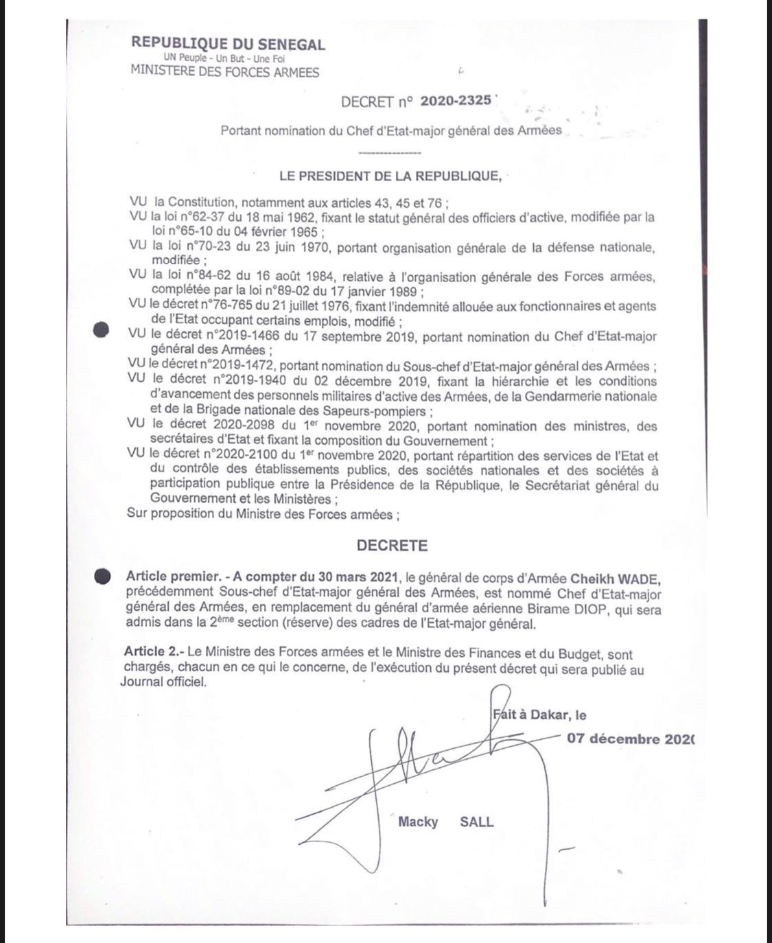  Chef d’Etat Major Général des Armées: Macky remplace Birame Diop par Cheikh Wade à partir du 30 mars 2021
