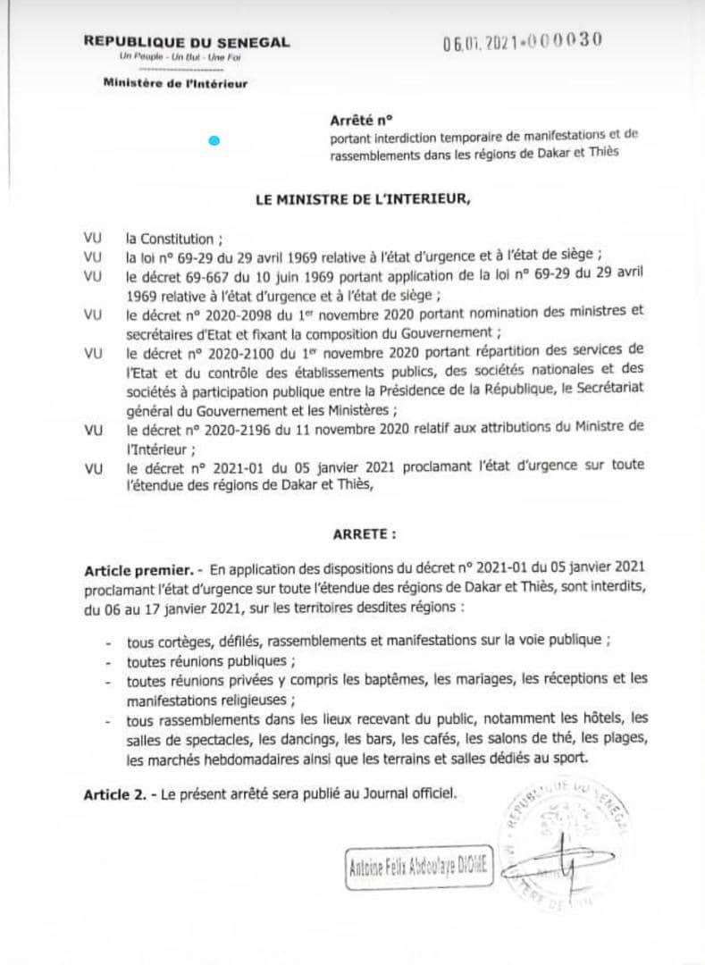 #Covid_19sn: Interdiction des rassemblements pour 11 jours dans les lieux privés et publics (document)