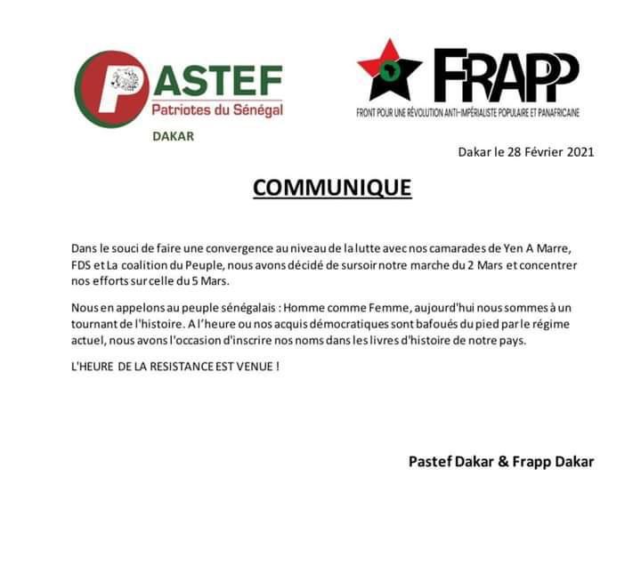 Pastef Dakar et Frapp se joignent au mouvement Y'en a Marre pour manifester le 5 mars