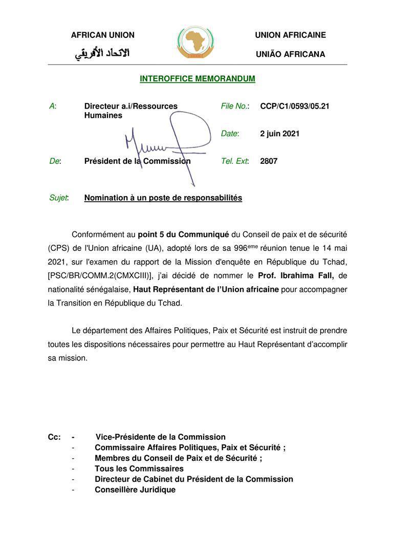 Transition en République du Tchad : Pr Ibrahima Fall nommé Haut représentant de l'Union africaine