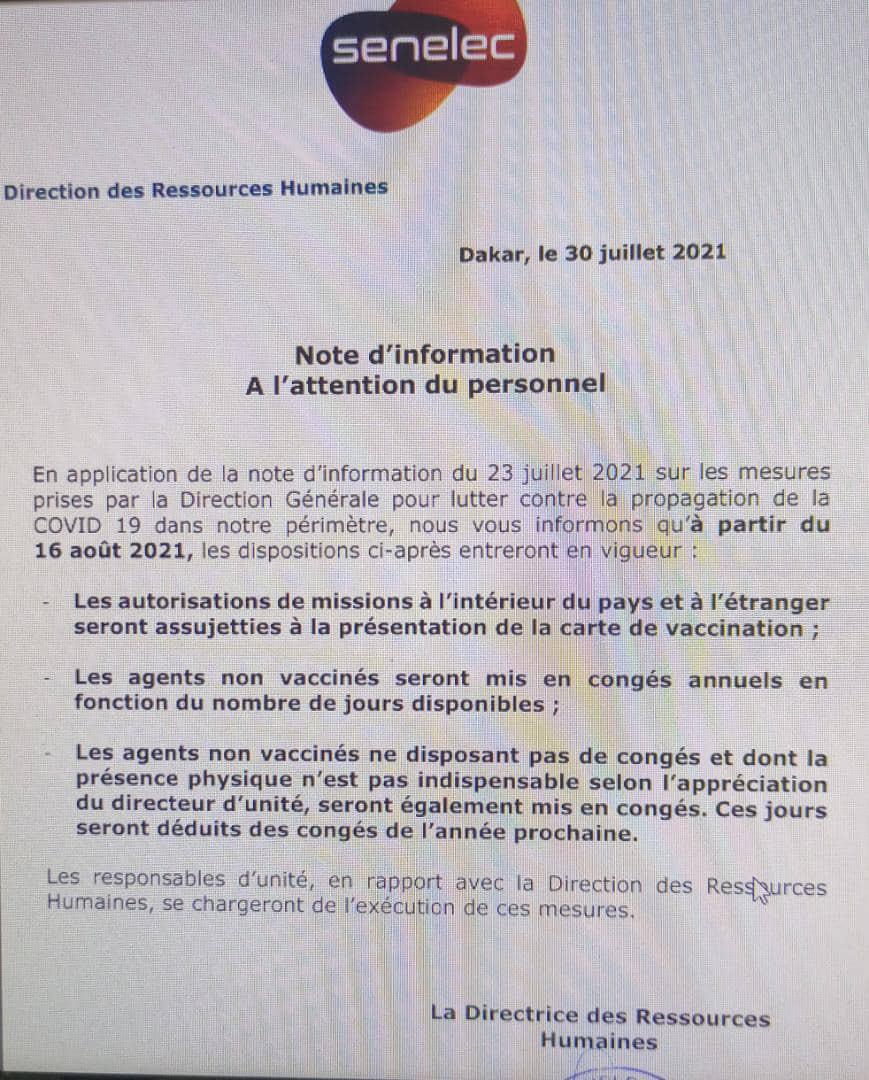 La Senelec impose un Pass Sanitaire à ses employés