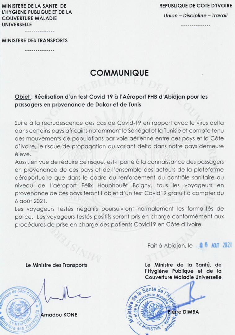 Côte d'Ivoire : les passagers en provenance de Dakar et Tunis devront passer un test Covid-19 gratuit