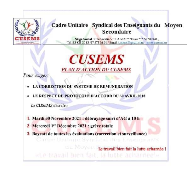Le Cusems annonce un débrayage le 30 novembre, suivi d’une grève générale