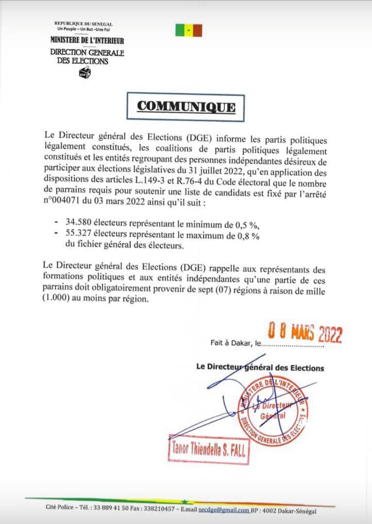 Législatives 2022: la DGE définit le nombre de parrainages à valider pour chaque liste