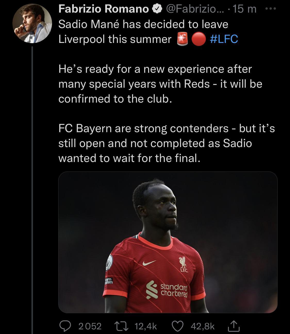 « Sadio Mané a décidé de quitter Liverpool », informe Fabrizio Romano