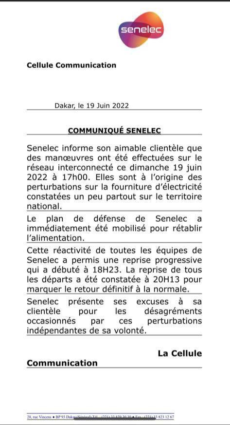 Coupures d’électricité sur l’étendue du territoire ce dimanche: la Senelec s’explique